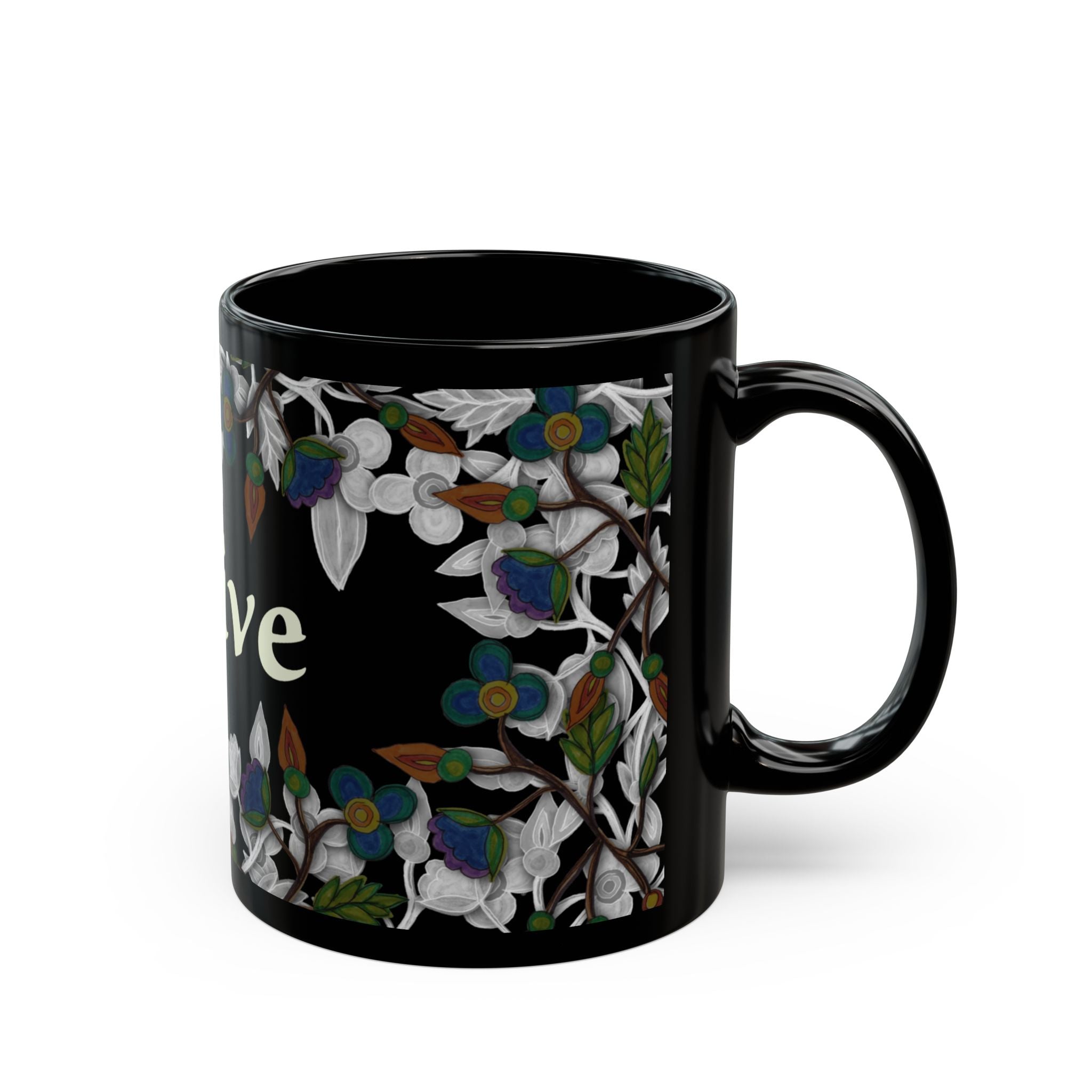 Native Floral Black Mug — 11oz & 15oz Ceramic Coffee Cup
