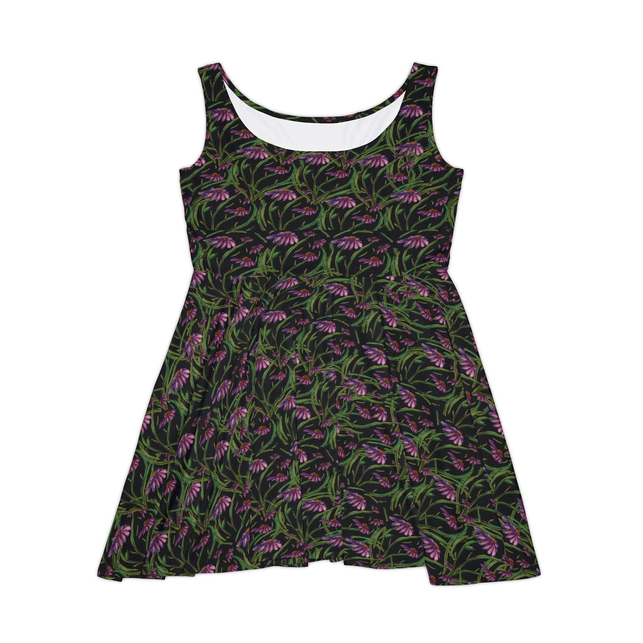 Floral Tulip Skater Dress — Black & Purple All-Over Print