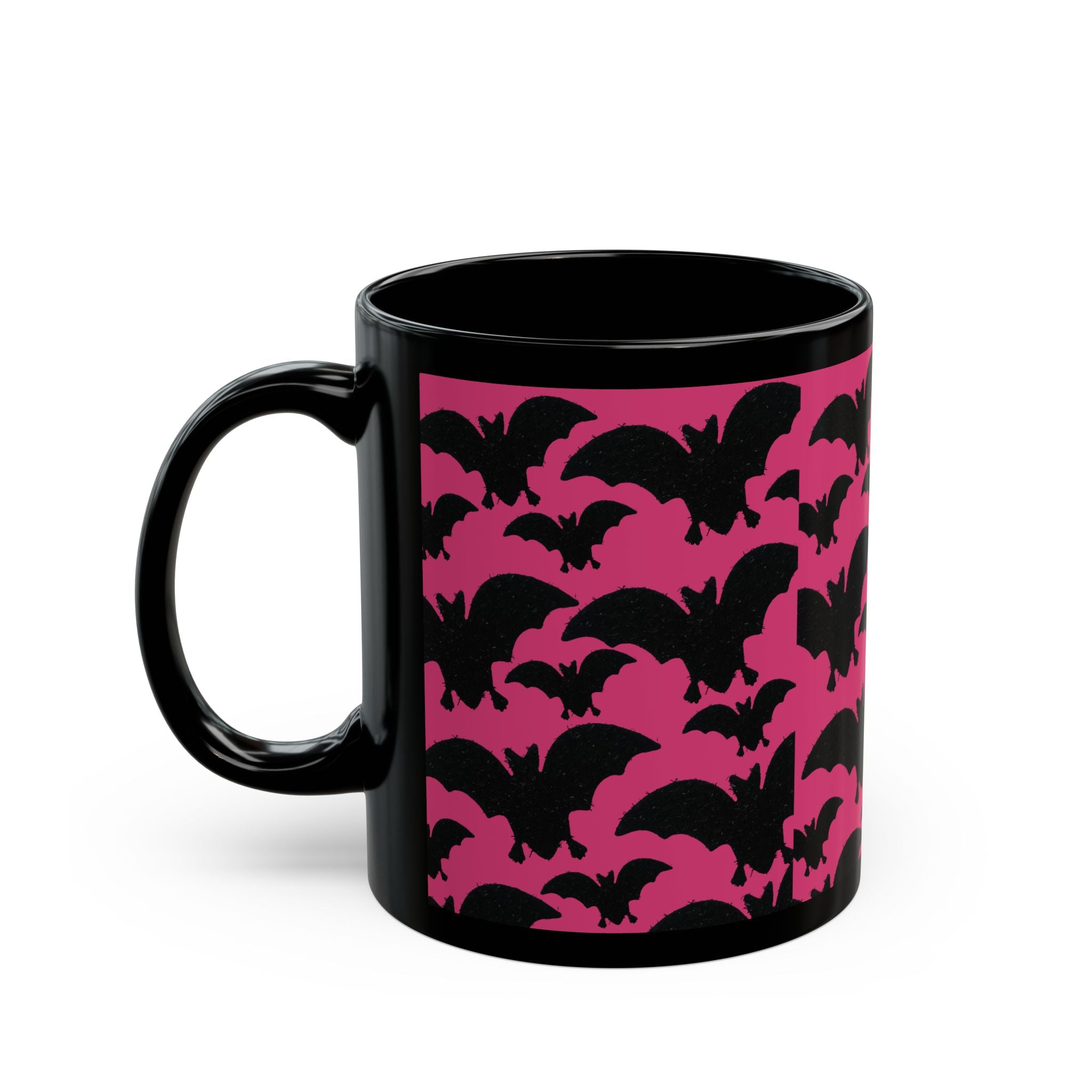 Pink Bat Pattern Black Mug — Halloween Gothic Coffee Cup (11oz/15oz)