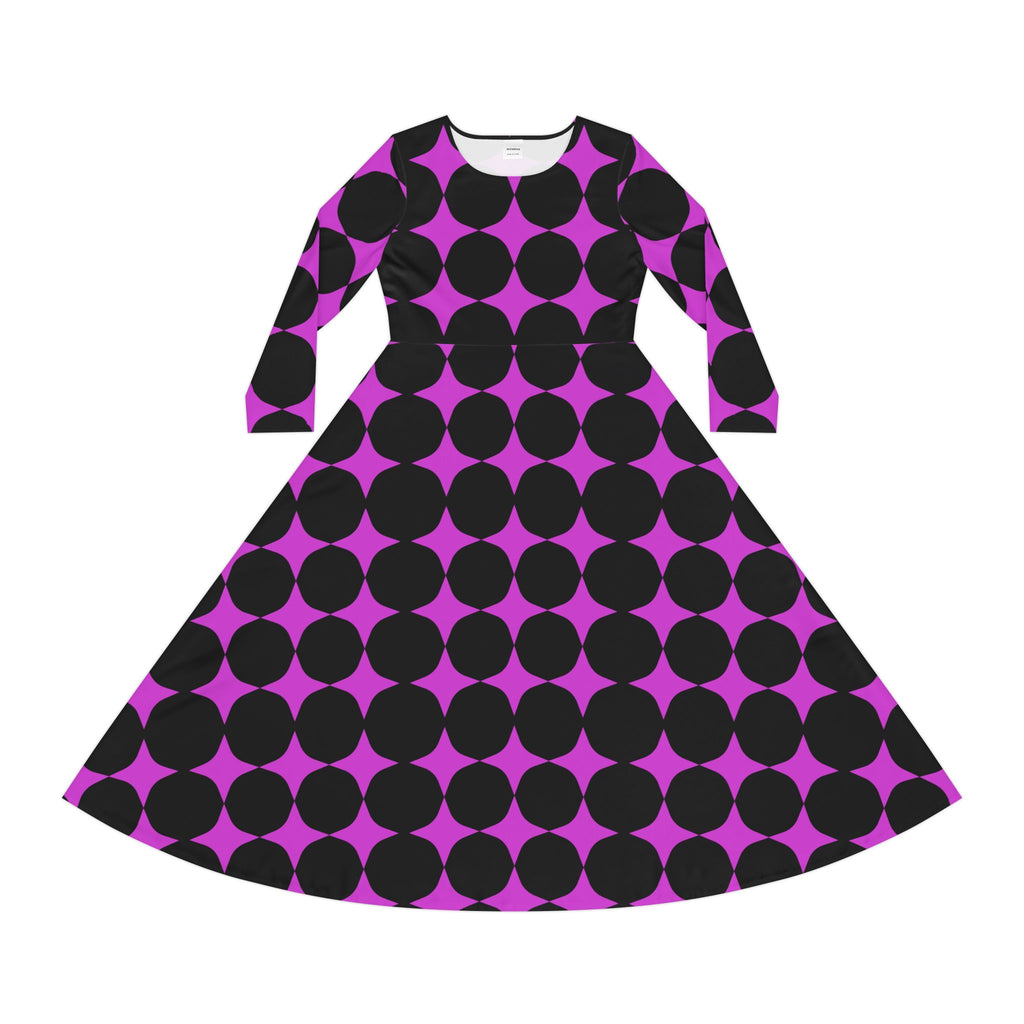 Purple & Black Retro Dot Long Sleeve Dance Dress