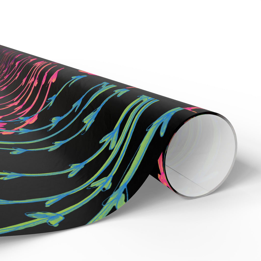 Floral Neon Stems Gift Wrap — Rainbow Wildflower Wrapping Paper on Black