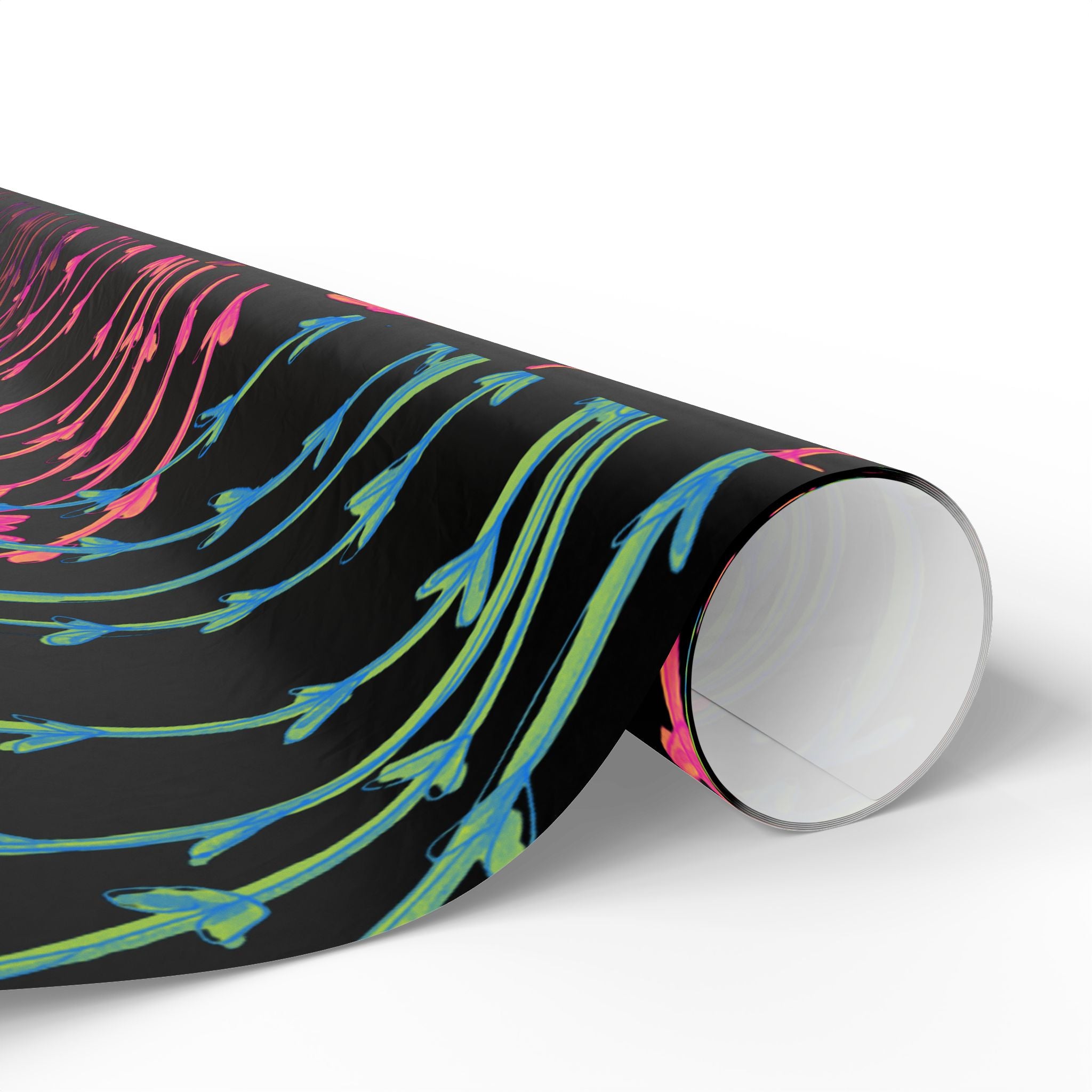 Floral Neon Stems Gift Wrap — Rainbow Wildflower Wrapping Paper on Black