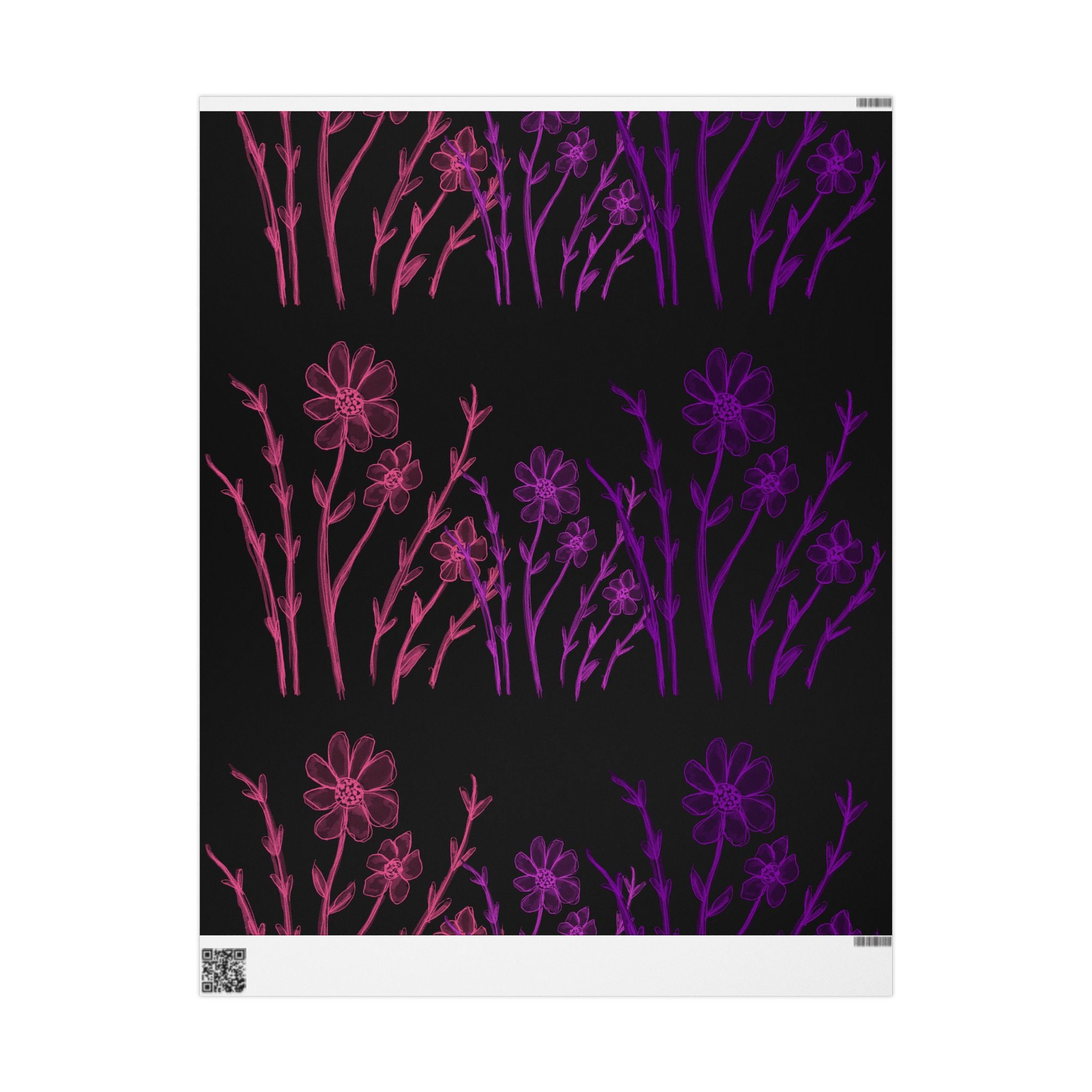 Floral Nightfall Wrapping Paper — Pink & Purple Neon Flowers on Black