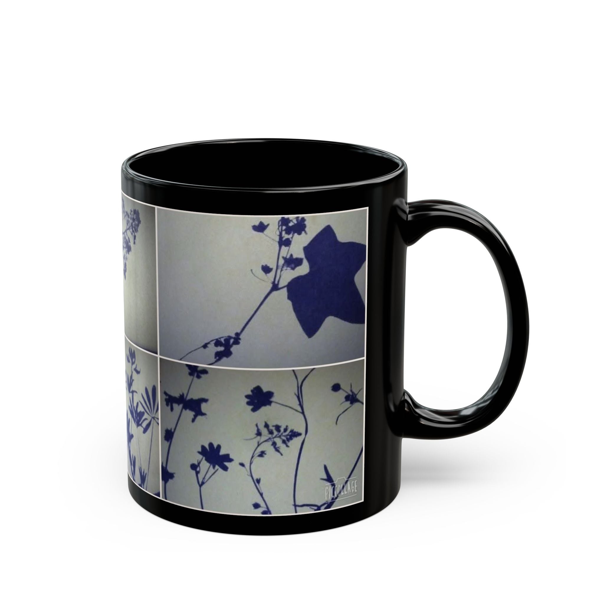 Botanical Shadow Collage Mug — Blue Floral Silhouettes (11oz/15oz)