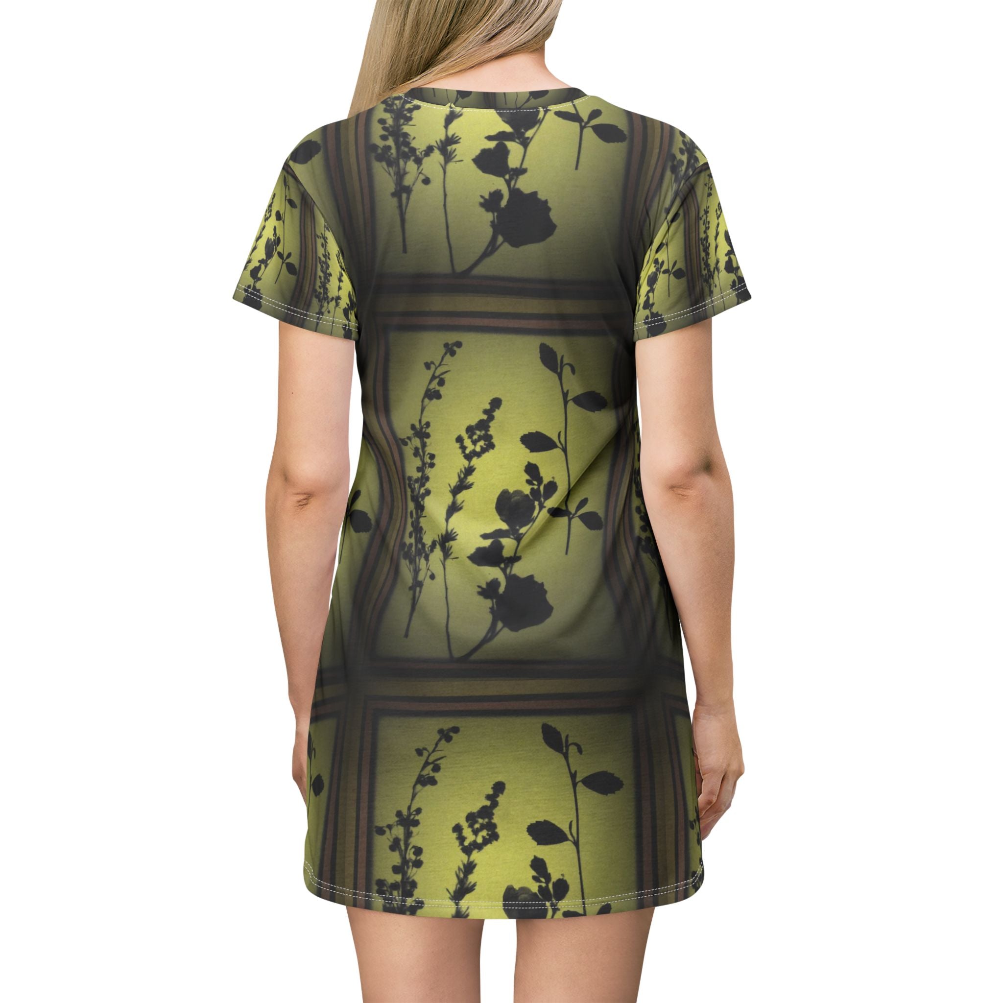 Botanical Shadow T‑Shirt Dress — Yellow Green Floral Silhouette All‑Over Print