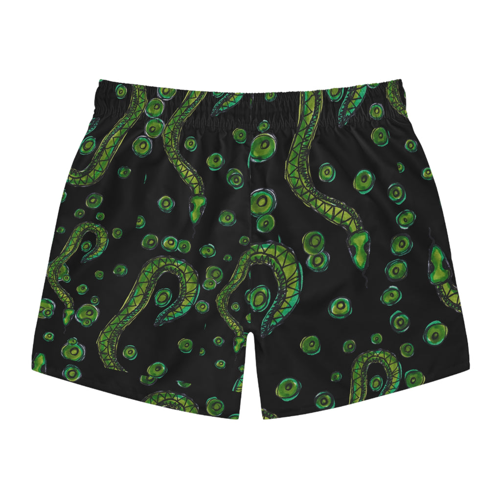 Tentacle Pattern Swim Trunks — Green Octopus Ink All-Over Print