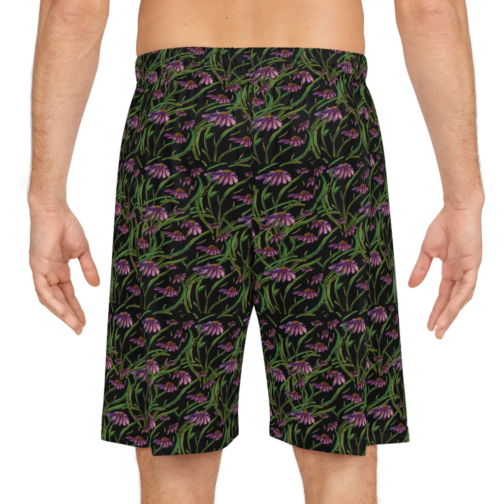 Floral Nightscape Basketball Shorts — All-Over Pink Wildflower Print