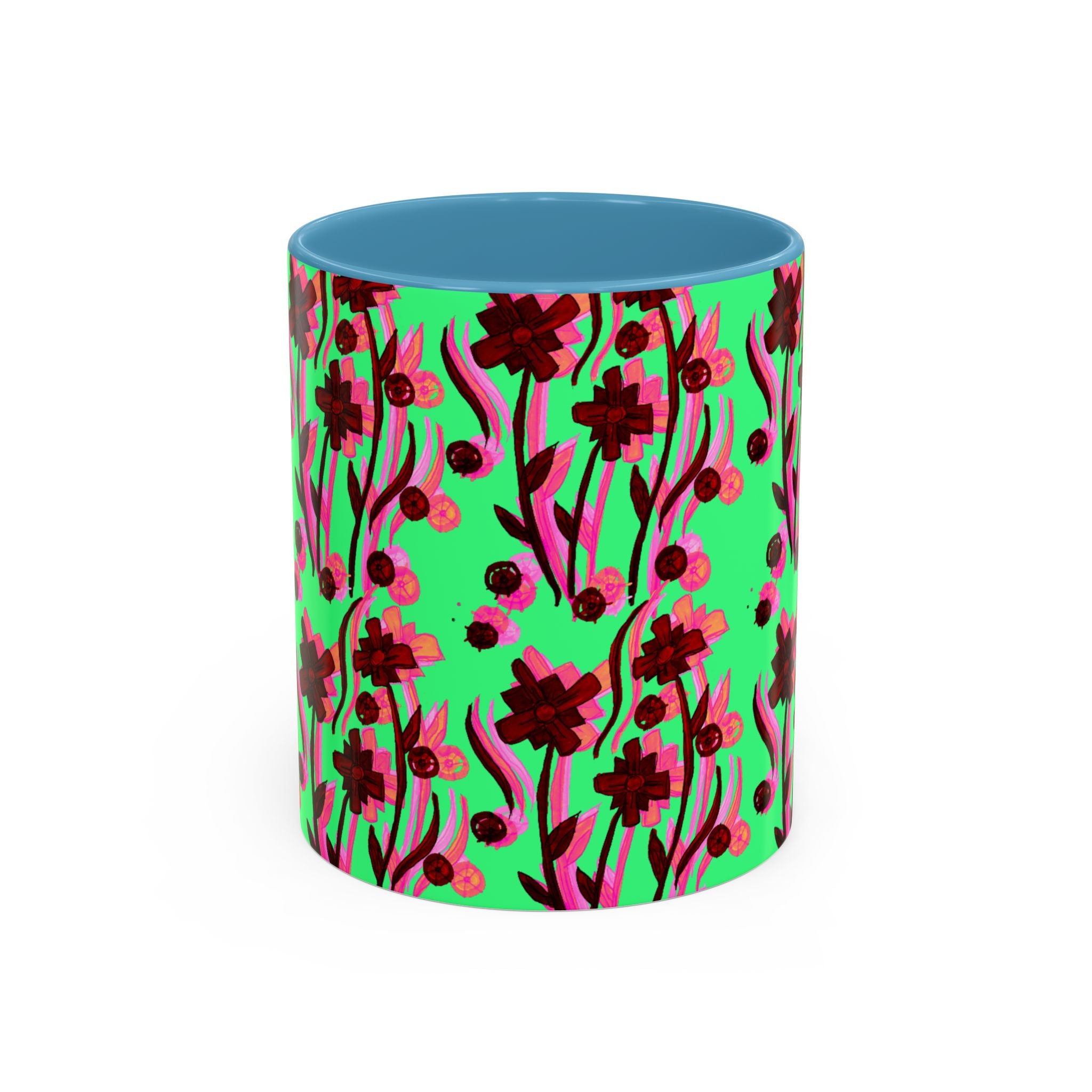 Floral Pop Accent Coffee Mug – Bold Red Flowers on Mint Green (11/15oz)