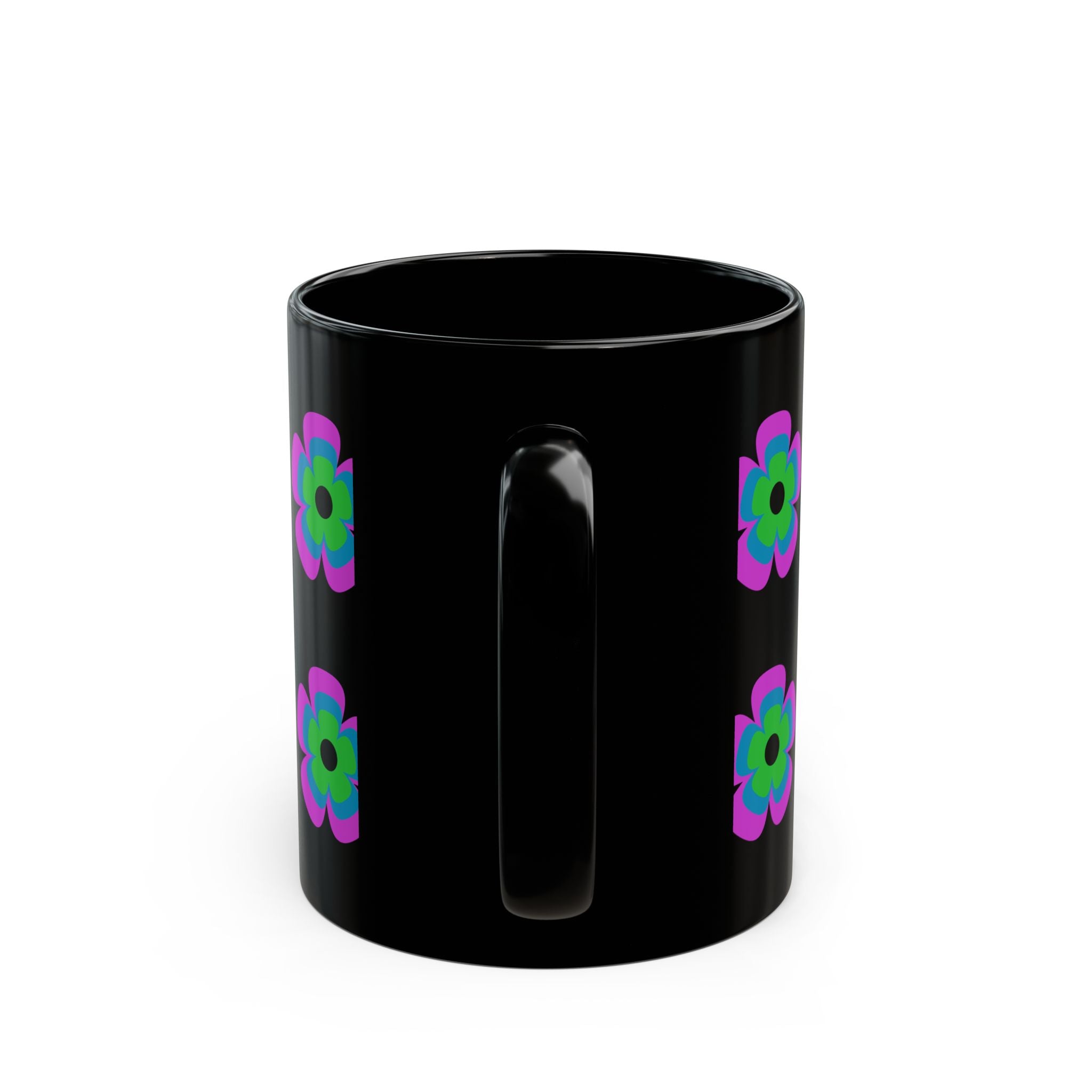 Retro Neon Flower Black Mug — Colorful 60s-Inspired Floral Coffee Cup (11oz & 15oz)