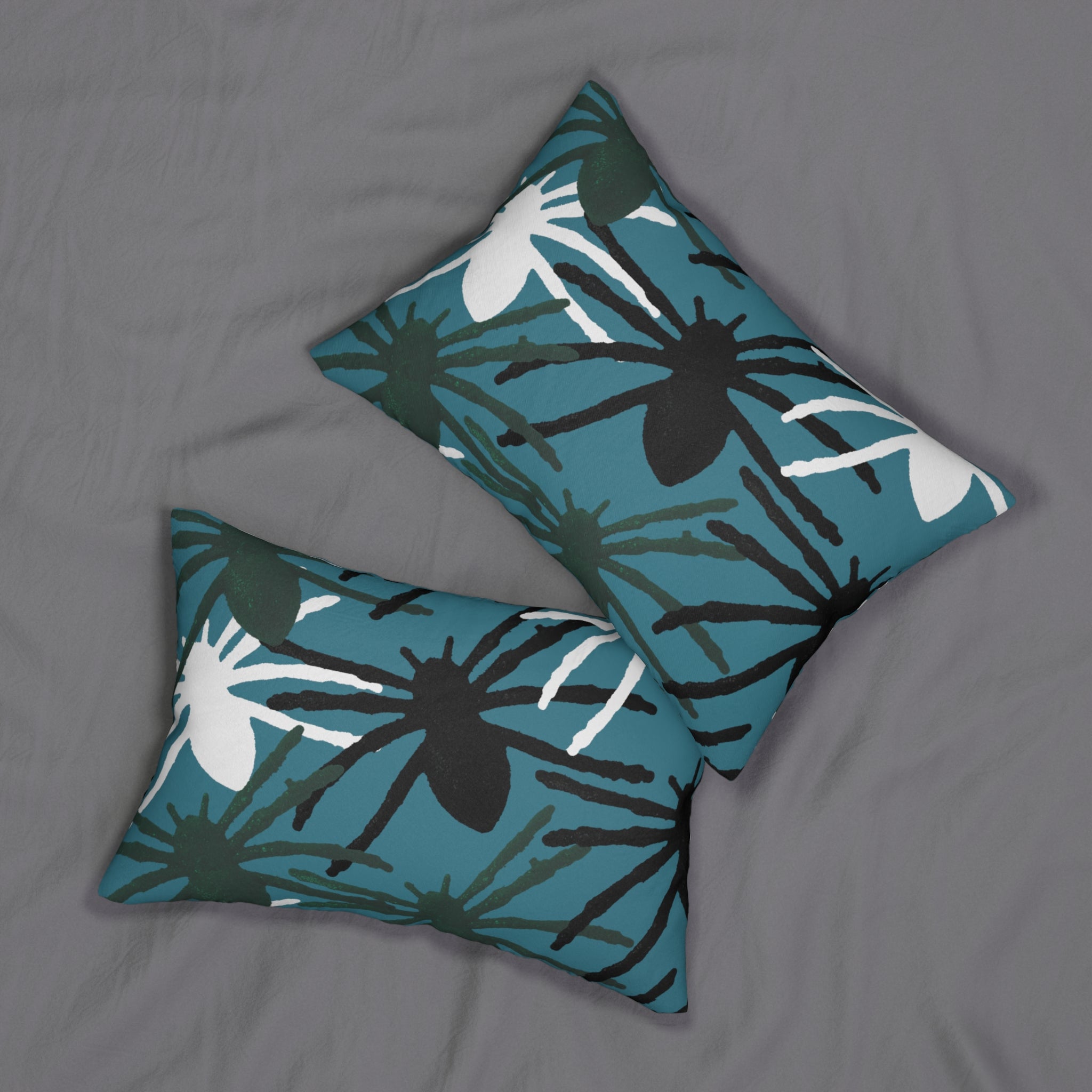 Teal Tropical Spider Lily Lumbar Pillow — Botanical Floral Accent Cushion