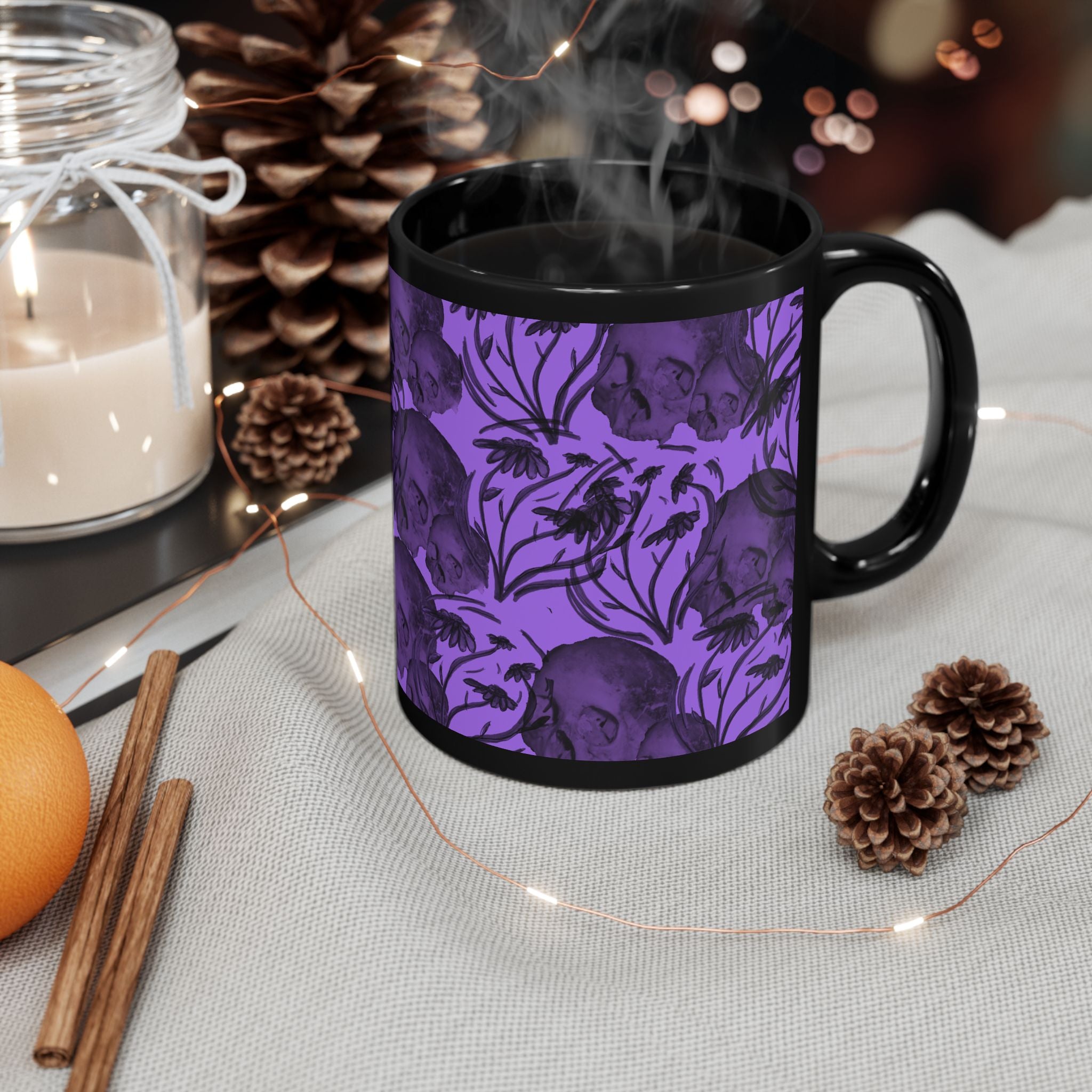 Purple Skull Pattern Black Mug – Gothic Floral Skull Coffee Cup (11oz, 15oz)