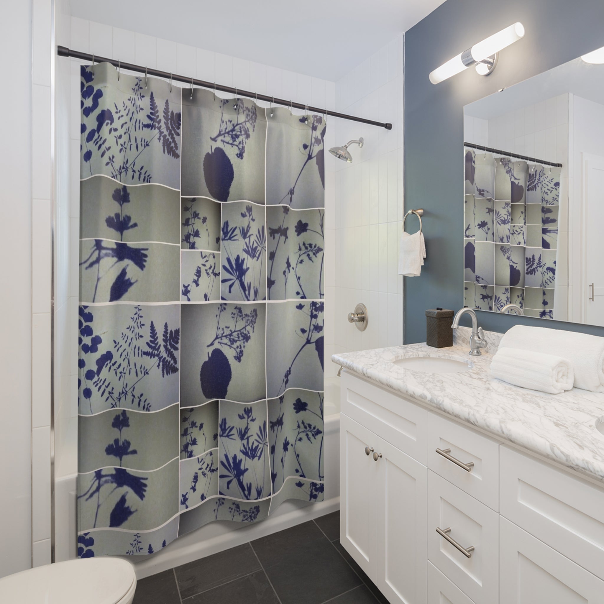 Botanical Grid Shower Curtain — Blue Silhouette Floral Pattern