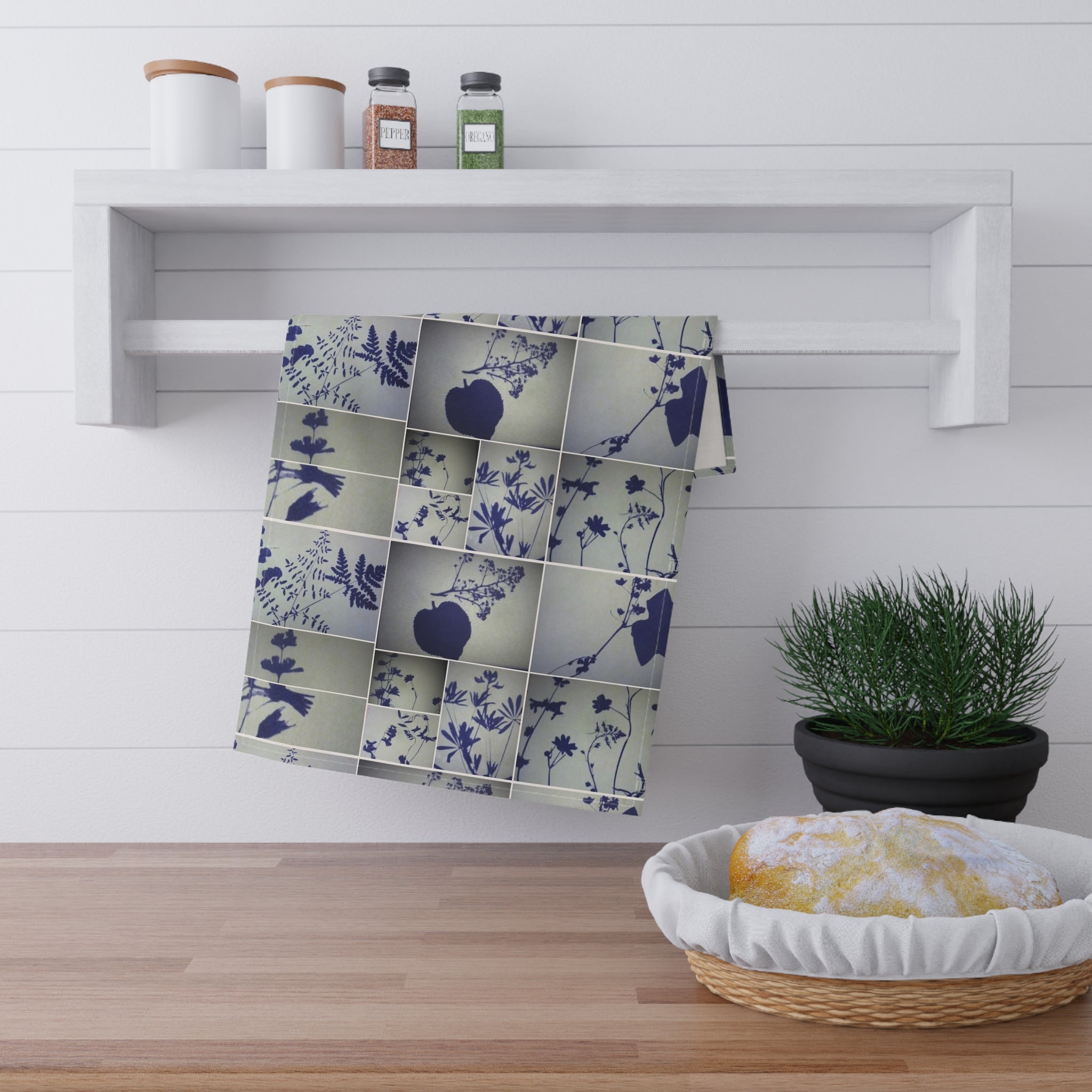 Botanical Patchwork Cotton Tea Towel — Blue Floral Check Kitchen Towel
