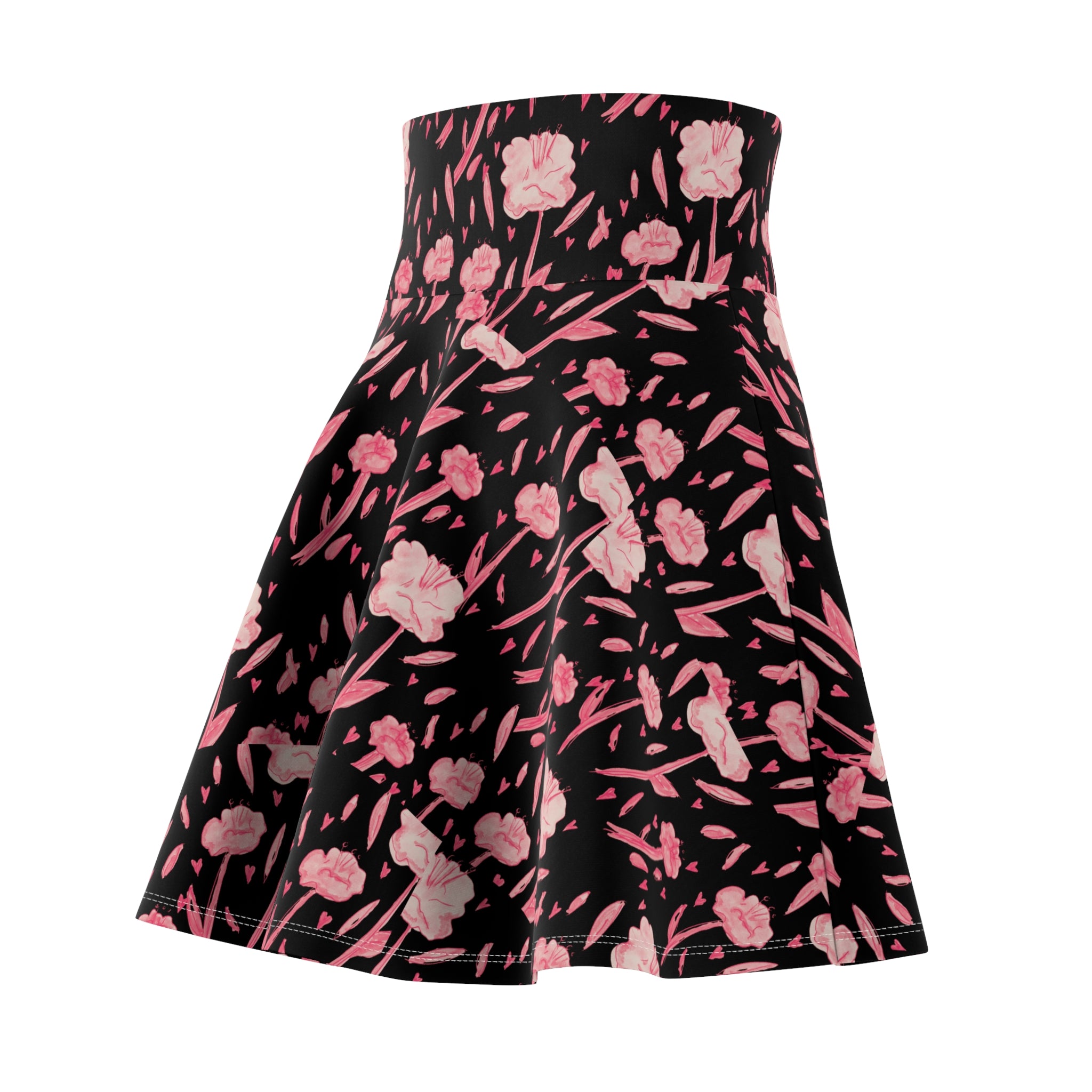 Floral Noir Skater Skirt — Pink Blooms on Black, High-Waist A-Line