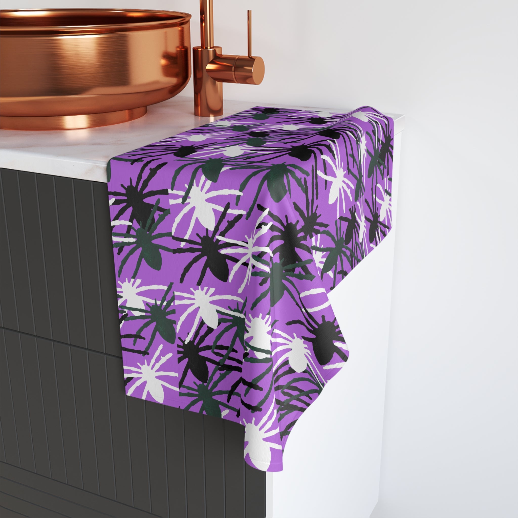 Purple Spider Pattern Hand Towel — Halloween Decorative Tea Towel