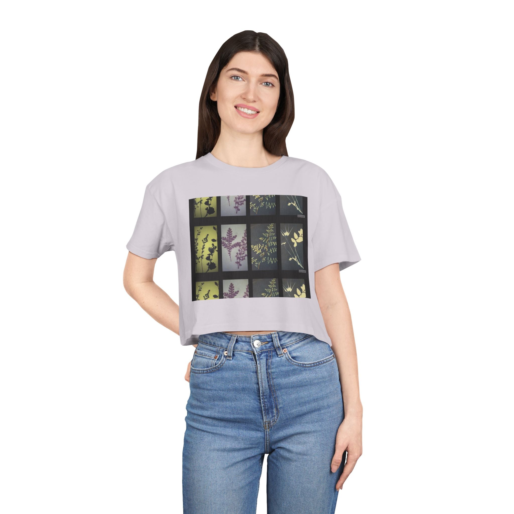 Botanical Grid Women's Crop Tee — Vintage Floral Silhouette Top