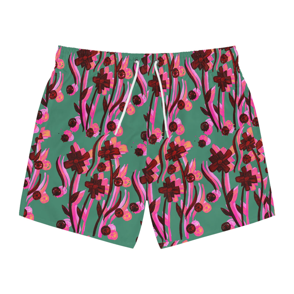 Floral Wave Swim Trunks — Pink & Teal All-Over Print
