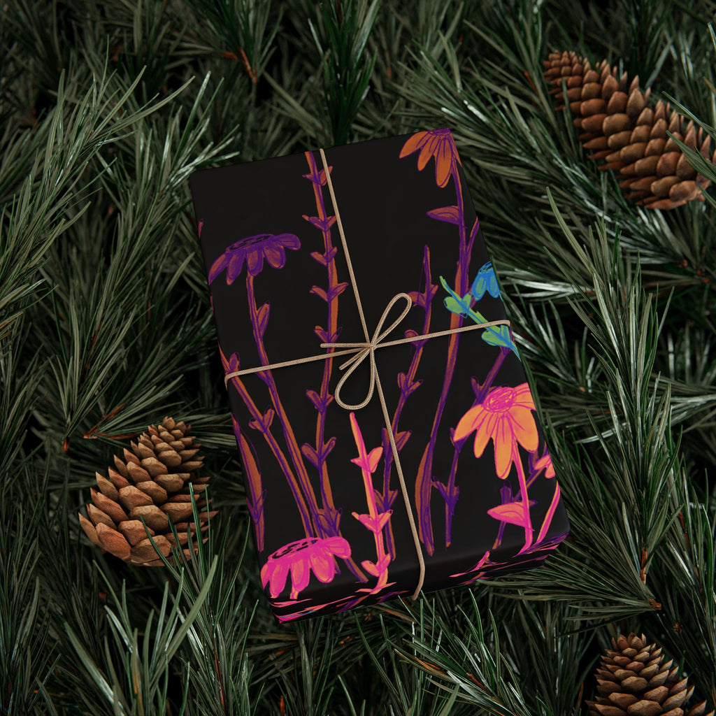 Floral Neon Stems Gift Wrap — Rainbow Wildflower Wrapping Paper on Black